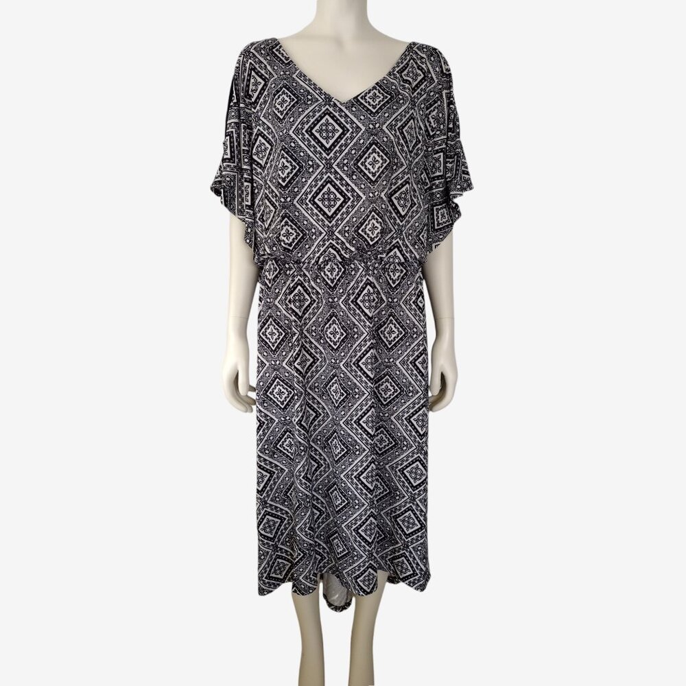 NY Collection Black White Geometric Tile Print Bat Sleeve Blouson Dress